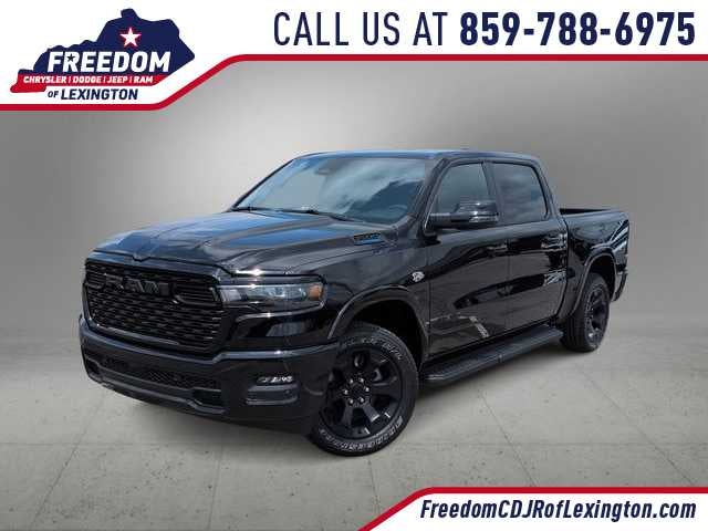 2026 RAM 1500 RAM 1500 BIG HORN CREW CAB 4X4 5'7' BOX in Diamond Black Crystal Pearl-Coat Exterior Paint — front three-quarter view