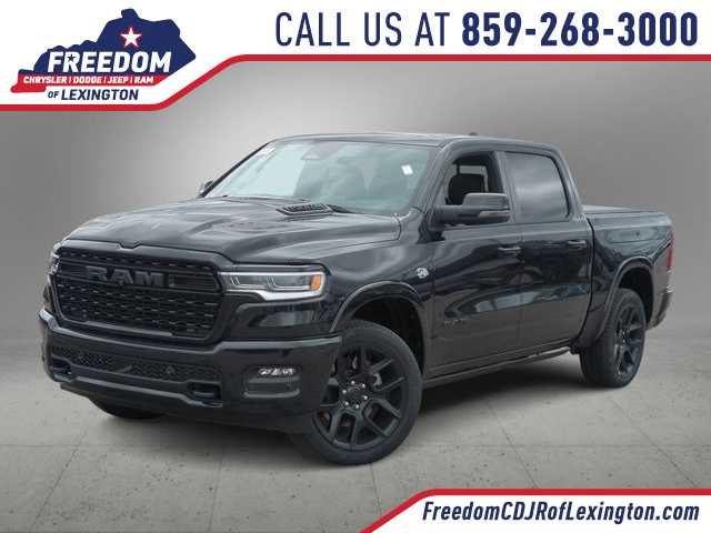 2026 RAM 1500 RAM 1500 LIMITED CREW CAB 4X4 5'7' BOX in Diamond Black Crystal Pearl-Coat Exterior Paint — front three-quarter view