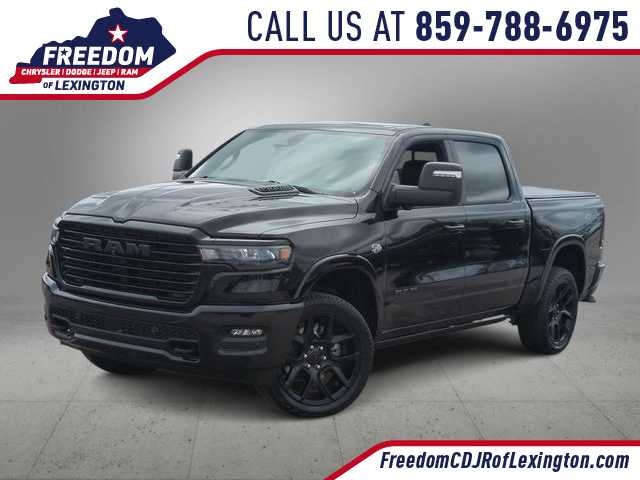 2026 RAM 1500 RAM 1500 LARAMIE CREW CAB 4X4 5'7' BOX in Diamond Black Crystal Pearl-Coat Exterior Paint — front three-quarter view