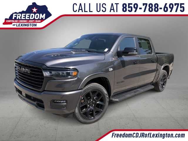 2026 RAM 1500 RAM 1500 LARAMIE CREW CAB 4X4 5'7' BOX in Granite Crystal Metallic Clear-Coat Exterior Paint — front three-quarter view