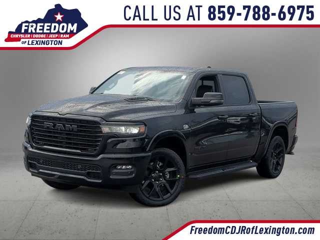 2026 RAM 1500 RAM 1500 LARAMIE CREW CAB 4X4 5'7' BOX in Diamond Black Crystal Pearl-Coat Exterior Paint — front three-quarter view