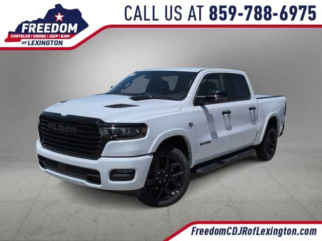 2026 RAM 1500 RAM 1500 LARAMIE CREW CAB 4X4 5'7' BOX in Bright White Clear-Coat Exterior Paint — front three-quarter view