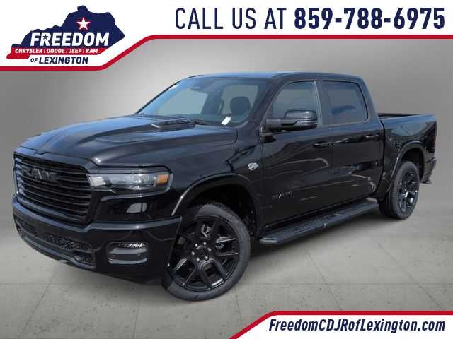 2026 RAM 1500 RAM 1500 LARAMIE CREW CAB 4X4 5'7' BOX in Diamond Black Crystal Pearl-Coat Exterior Paint — front three-quarter view