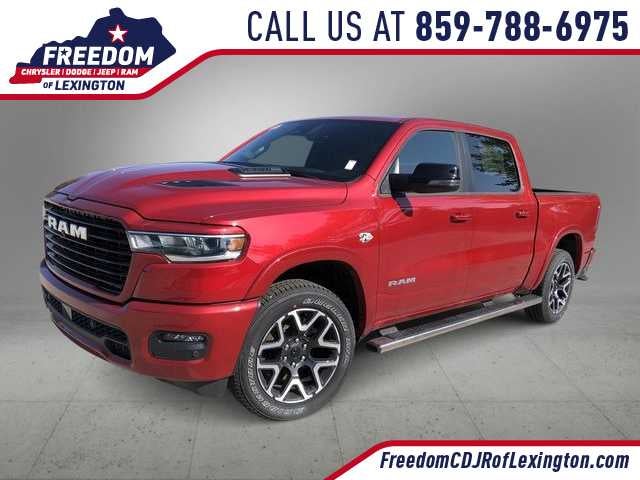 2026 RAM 1500 RAM 1500 LARAMIE CREW CAB 4X4 5'7' BOX in Molten Red Pearl-Coat Exterior Paint — front three-quarter view