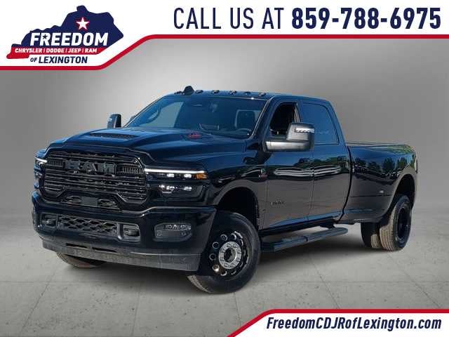 2026 RAM 3500 RAM 3500 LARAMIE CREW CAB 4X4 8' BOX in Diamond Black Crystal Pearl-Coat Exterior Paint — front three-quarter view