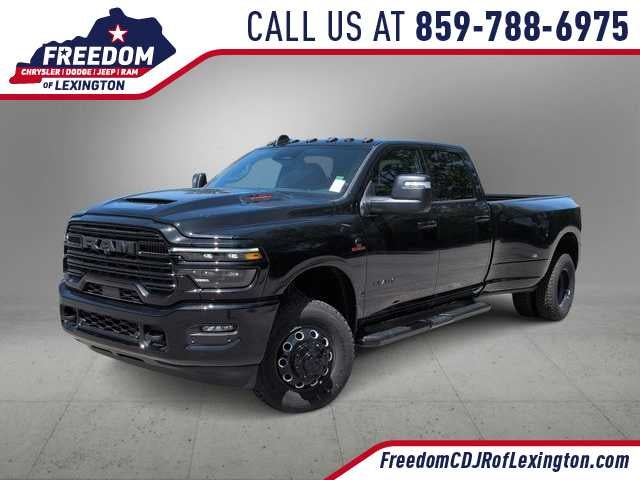 2026 RAM 3500 RAM 3500 LARAMIE CREW CAB 4X4 8' BOX in Diamond Black Crystal Pearl-Coat Exterior Paint — front three-quarter view