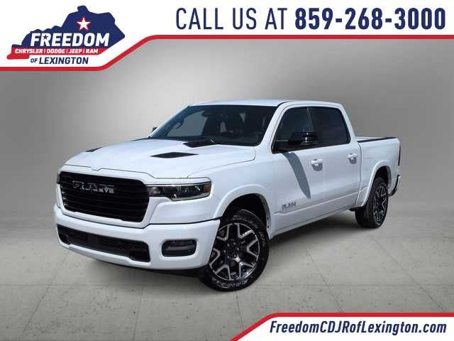 2026 RAM 1500 RAM 1500 LARAMIE CREW CAB 4X4 5'7' BOX in Bright White Clear-Coat Exterior Paint — front three-quarter view