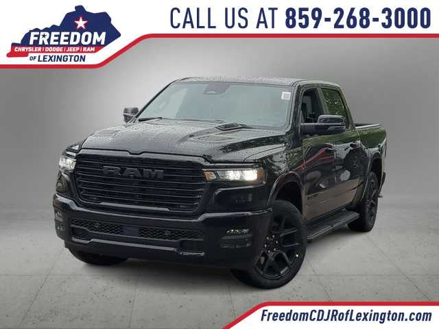 2026 RAM 1500 RAM 1500 LARAMIE CREW CAB 4X4 5'7' BOX in Diamond Black Crystal Pearl-Coat Exterior Paint — front three-quarter view