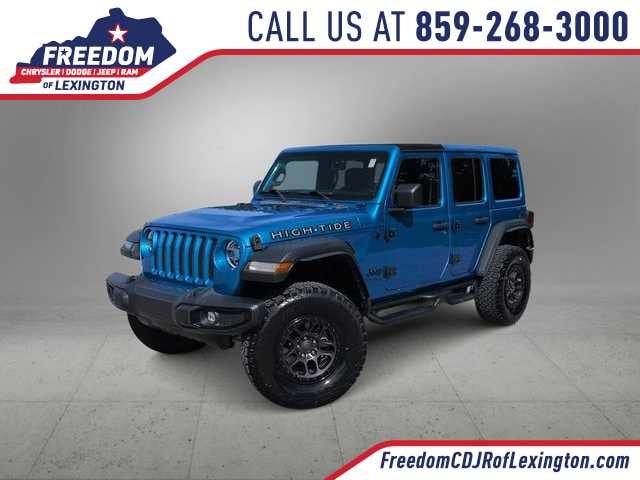 2022 Jeep Wrangler Unlimited High Tide in Hydro Blue Pearlcoat — front three-quarter view